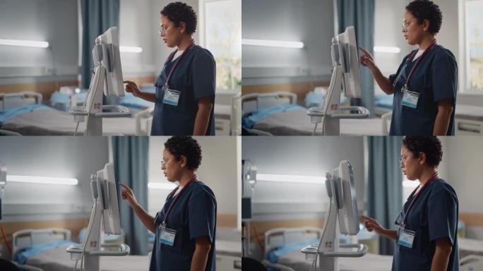 医院病房: 漂亮的黑人女护士长，医生，外科医生使用保健生命体征监测计算机机。拥有先进设备和专业人员的