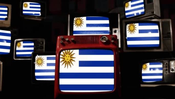 乌拉圭国旗和老式电视。4k分辨率。