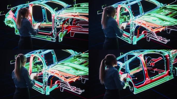 创新的绿色能源初创公司: 女工程师使用平板电脑和大屏幕分析原型设计电动汽车。可持续零排放碳中性车辆的