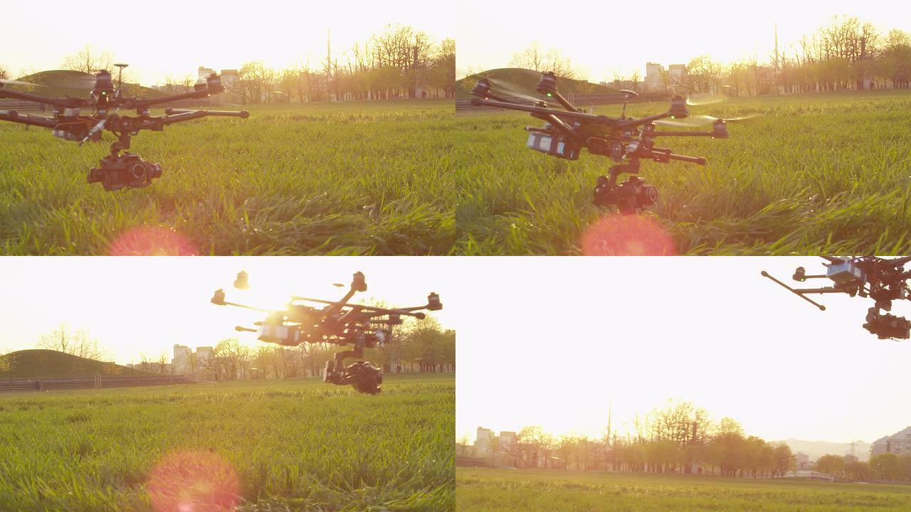 慢动作: 无人机在野外低空飞行