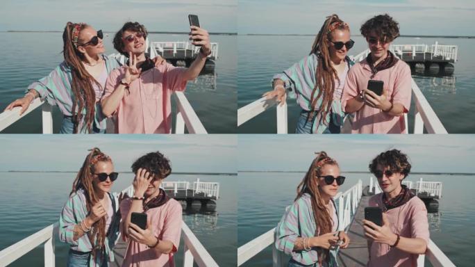 夫妇在码头上自拍宣传视频素材笑容微笑合影