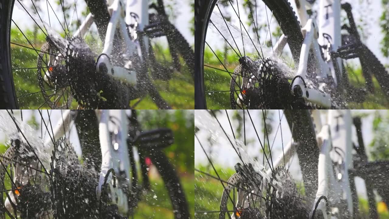 SLO MO用水清洗山地自行车的车轮