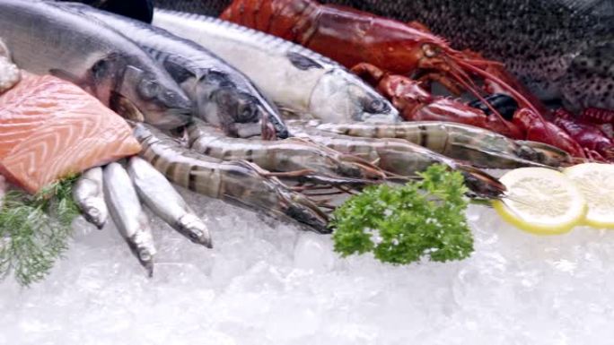 4K UHD Dolly右: 各种豪华新鲜海鲜，龙虾鲑鱼鲭鱼小龙虾对虾章鱼贻贝和扇贝，在冰背景上。冰