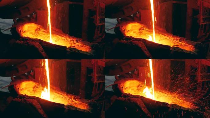 输液过程中引起火花的熔融金属流动。冶金工厂设备，冶金工业概念。