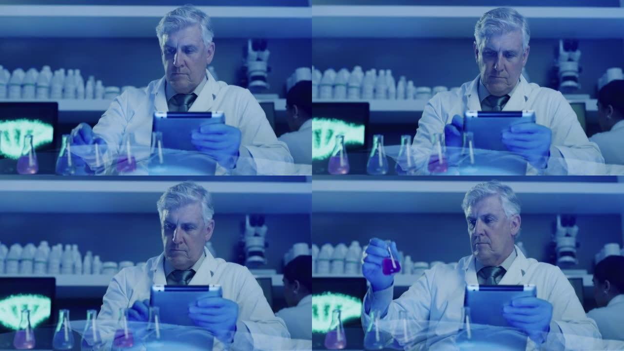 成熟的实验室科学家用烧杯测试化学反应，并在紫外线实验室的平板电脑上记录数据。在研究机构中进行实验时戴