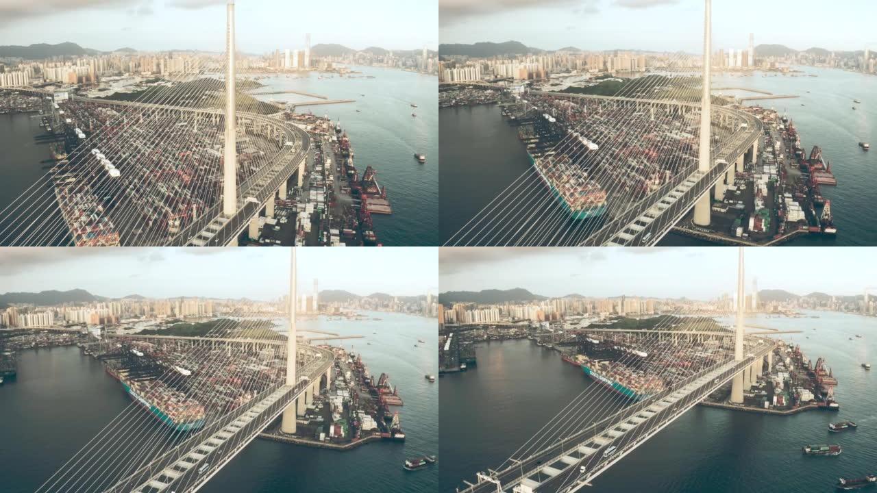 国际港口无人机与起重机装载集装箱在香港进出口业务物流