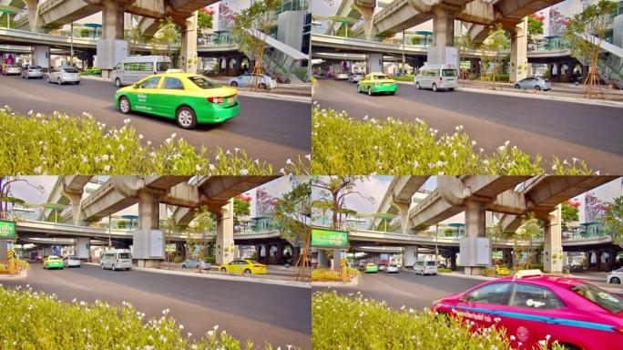曼谷中心。BTS。花。绿色现代城市
