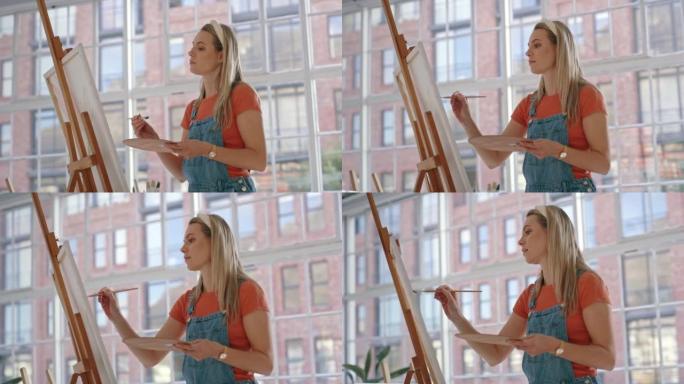 艺术家画油画的画架上,在她的艺术工作室。独树一帜的创意和艺术画家，用丙烯颜料创作了一幅杰作。享受自由