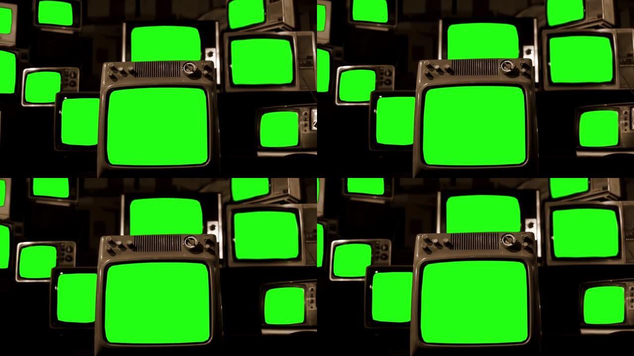 老式电视绿屏。棕褐色色调。放大。4k分辨率。