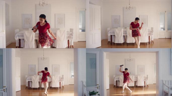 跳舞的少女自信地唱卡拉ok庆祝无忧无虑的周末享受愚蠢的舞蹈动作在家里玩得开心4k