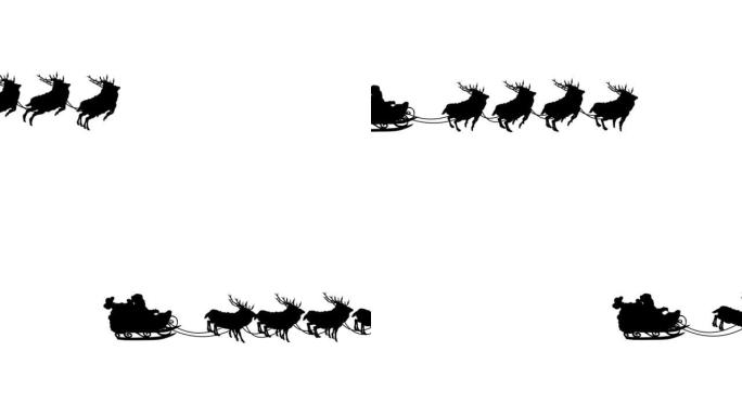 圣诞老人和驯鹿剪影。新年快乐的概念，礼品盒，月亮，问候，动物雪橇，鹿，节日，贺卡，人物动画，童话，插
