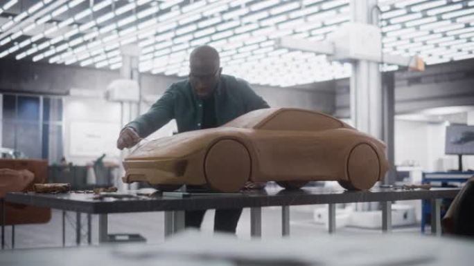 非洲汽车设计师正在用聚合物造型粘土制作原型车。专注的黑人建模师正在考虑3D雕塑，深思熟虑地看着模型