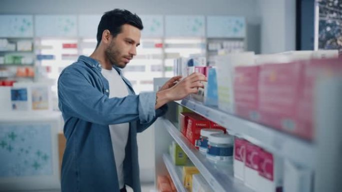 药店药店: 肖像英俊的拉丁男子选择买药浏览货架，成功找到他需要的东西，开心地微笑。现代制药商店保健产