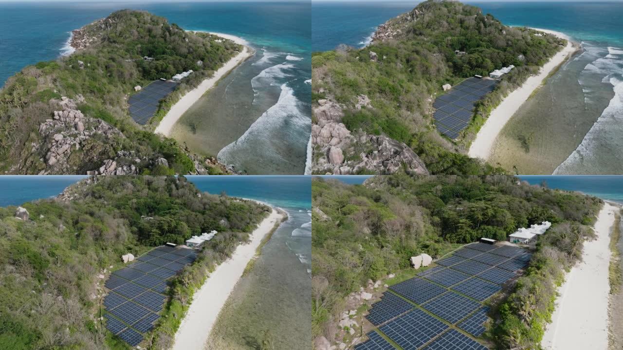 在塞舌尔库辛岛上的一个大型太阳能农场的空中变焦
