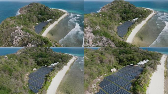 在塞舌尔库辛岛上的一个大型太阳能农场的空中变焦