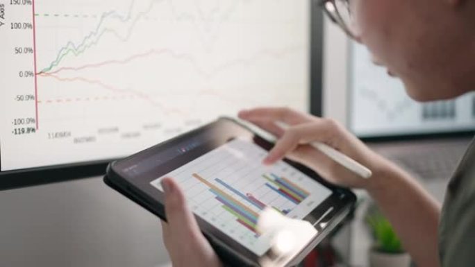 近距离使用数字平板电脑分析商业数据财务分析师看到数字平板电脑上的图表和图表