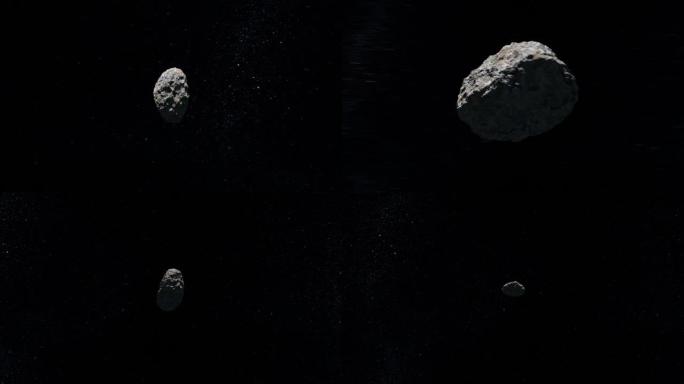 太空中的小行星。星星闪烁。小行星从远处飞过，飞到相机附近飞走。星空。4K. 3d渲染。