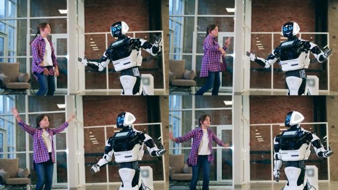 一个女孩在半机械人附近跳跃和跳舞。人工智能、机器人创新、机器人概念。