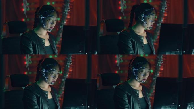 专注的赛博朋克女孩，戴着黑色皮夹克的耳机，在电脑上工作