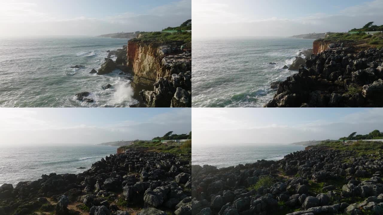 葡萄牙卡斯凯什区海岸破浪的无人机视图。