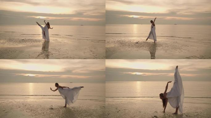 日落时在海滩上跳舞的女人