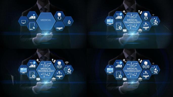 商人滑动触摸智能手机，“医疗技术” 和各种未来医疗矢量图标在六角形，4k动画。