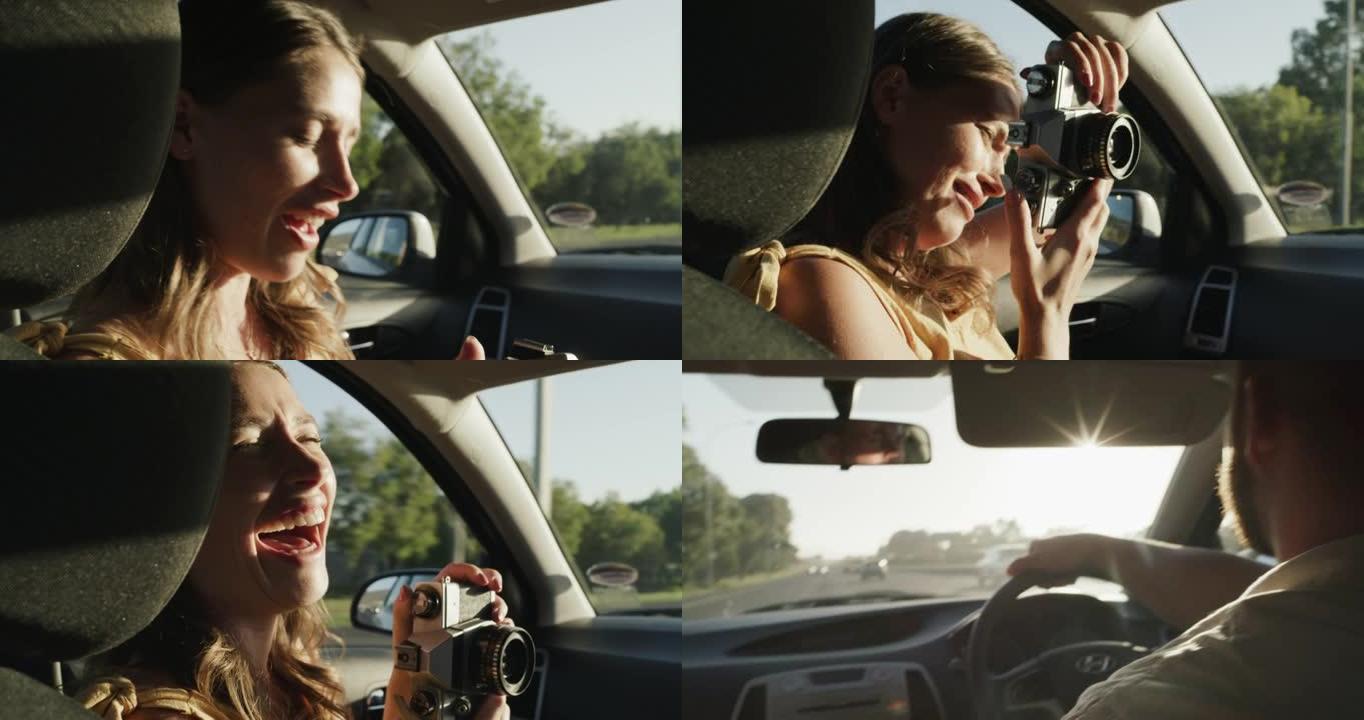 一名年轻女子在车上拍摄男友照片的4k视频片段