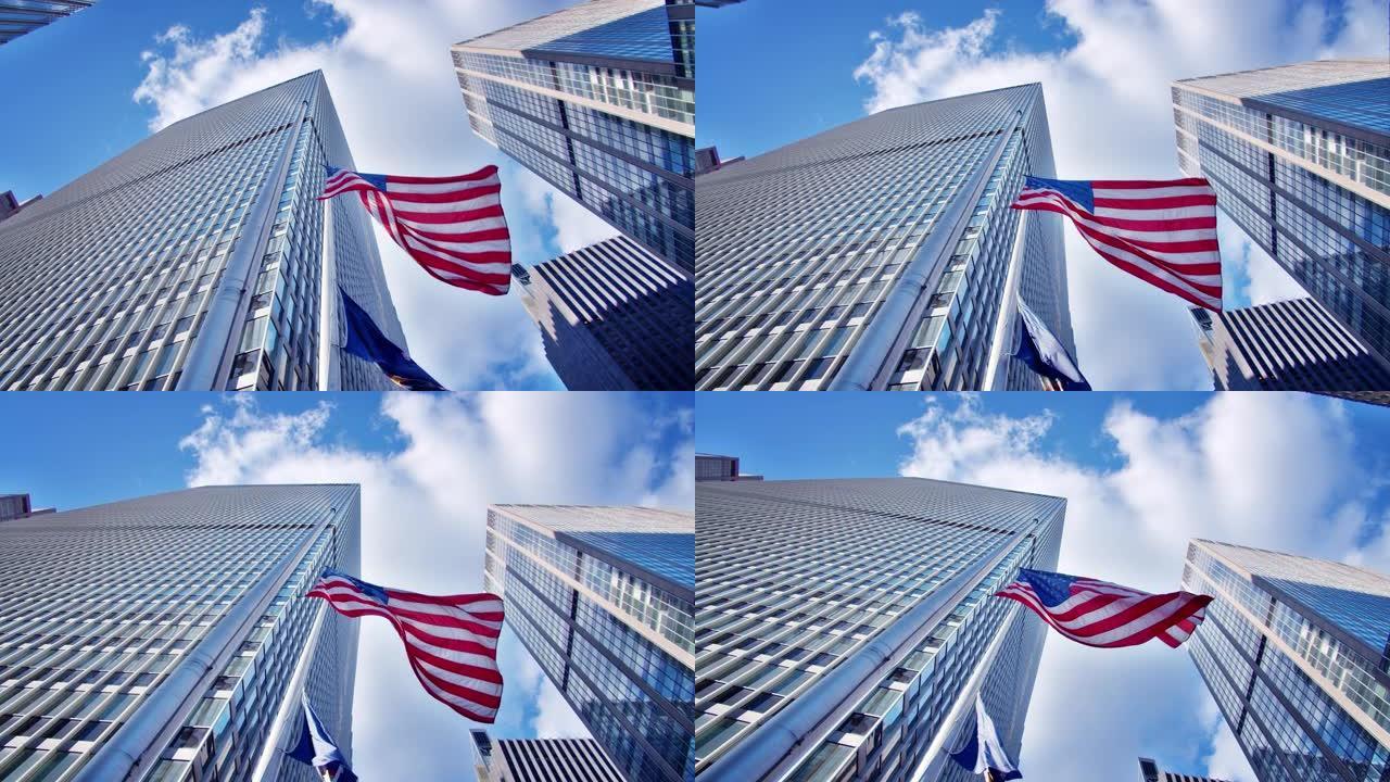 纽约第六大道。美国国旗。公司大楼。