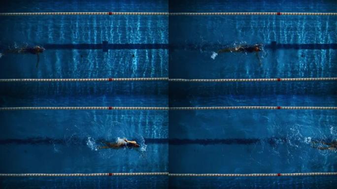 空中俯视图: 游泳池中的竞技女游泳运动员。专业运动员以仰泳的方式游泳，决心赢得冠军。深色戏剧性的颜色