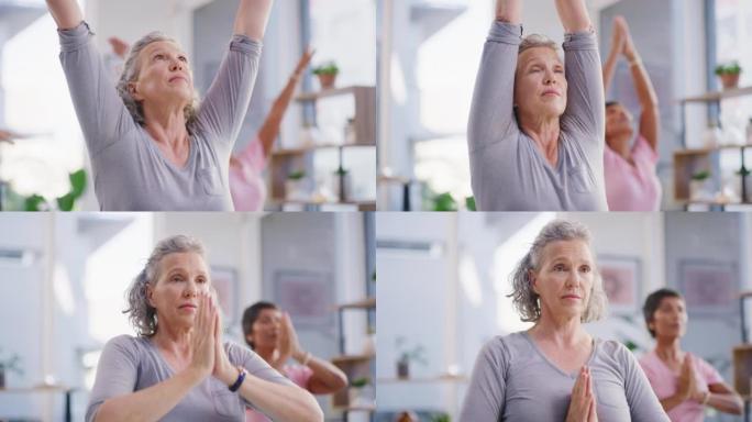 活跃的高级女性在瑜伽馆的健身课上冥想。平静、放松和专注的女士感受禅宗，同时锻炼和安静地祈祷和谐、缓解