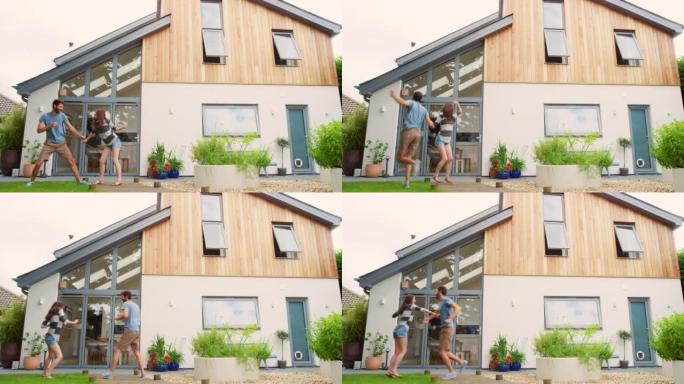 一对年轻夫妇在家门口跳舞的4k录像