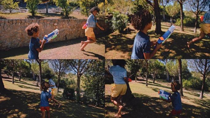 妈妈和男孩在花园里玩水枪