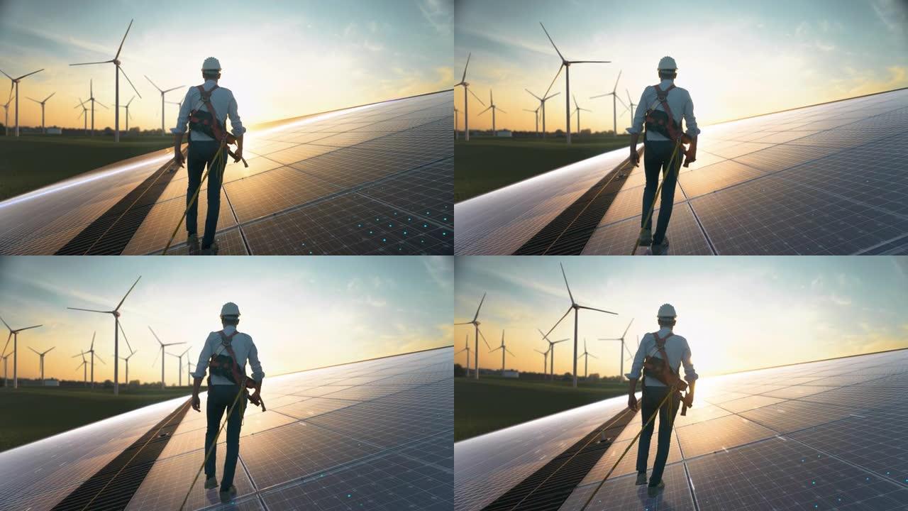 专业男性绿色能源工程师走在太阳能电池板上，戴着安全带和安全帽。用风力涡轮机检查可持续能源农场的人。V
