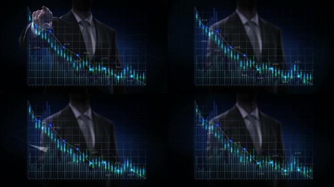 商人向上移动手指，各种动画的股票市场图表和图表。减少蓝线。4k动画。