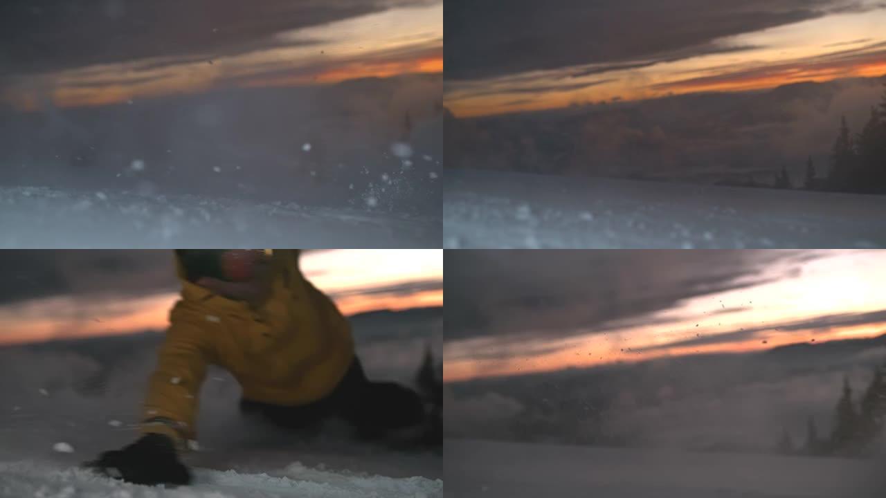 超级SLO MO专业滑雪者在黄昏时在斜坡上雕刻