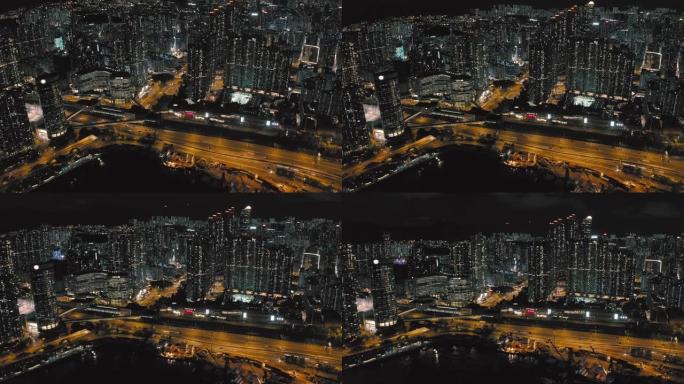 香港九龙市区高速公路夜间鸟瞰图