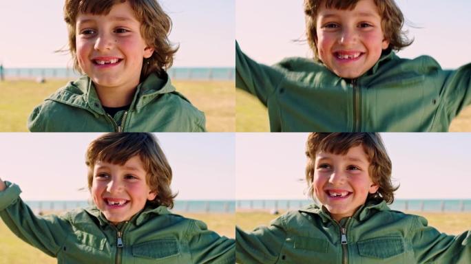 男孩的孩子，公园和脸用庆祝的手，拳头和微笑在夏天在海滩草坪上玩游戏。快乐的孩子，在旧金山假期的海洋，