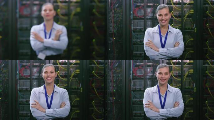 4k视频片段，一名自信的年轻女子在服务器室工作