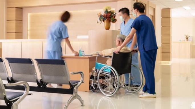 4K UHD缩小延时: 医院走廊和急诊区挤满了护士医生和病人。医院医疗保健概念。