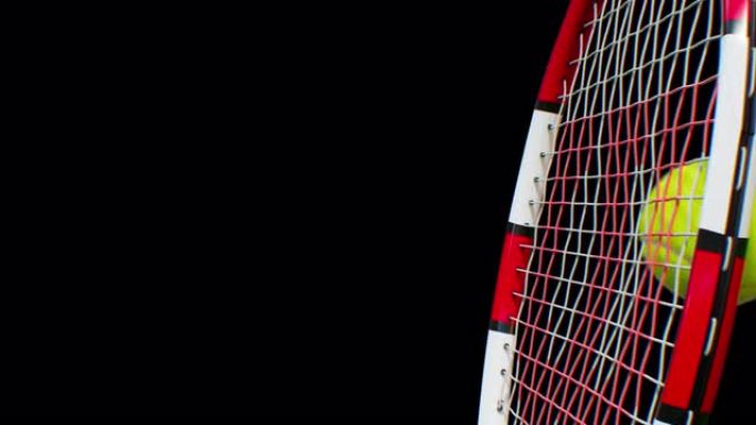 网球发球慢动作特写绿幕。球拍打网球3d动画孤立在黑色和蓝色背景。体育的概念