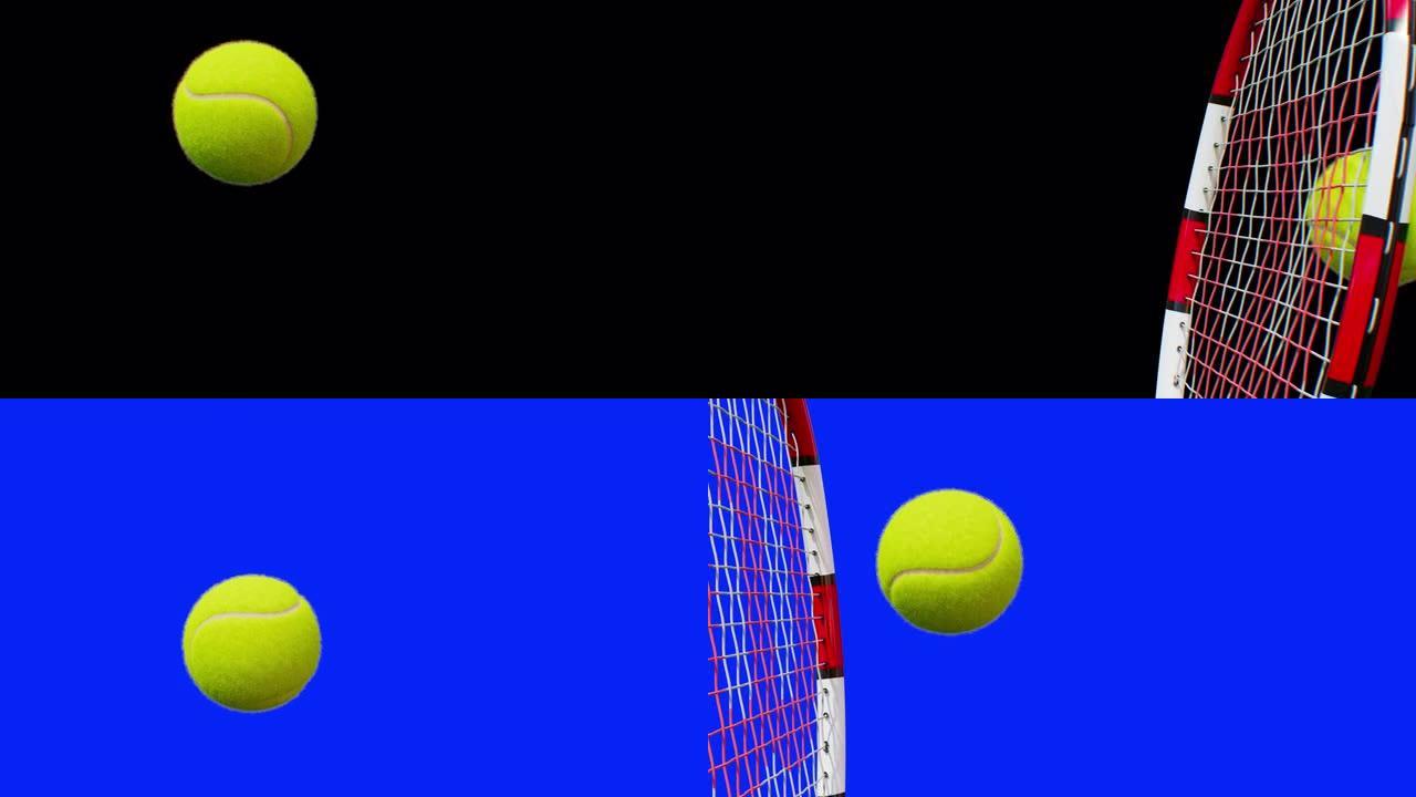网球发球慢动作特写绿幕。球拍打网球3d动画孤立在黑色和蓝色背景。体育的概念