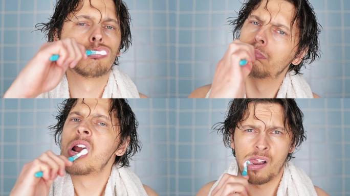一个年轻人洗完澡后刷牙的4k录像