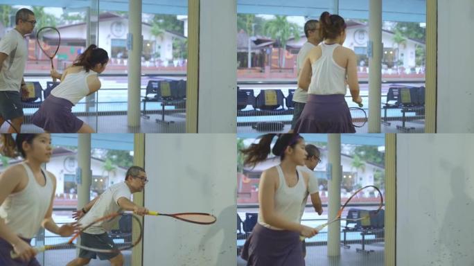 慢动作亚洲中国少女打壁球