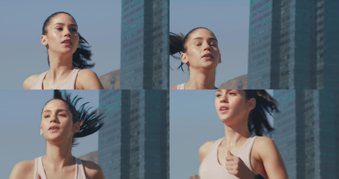 4k视频片段，一位美丽的年轻女子在城市跑步