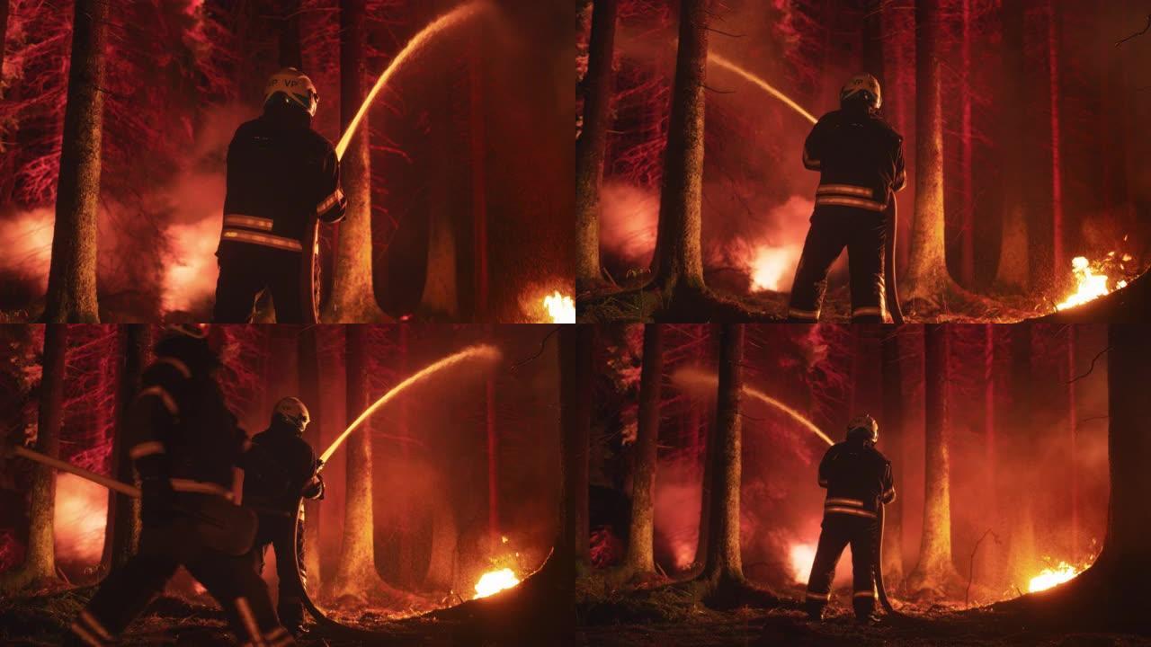 专业消防员借助消防水带迅速扑灭森林大火。消防员小组从无法控制的大火中拯救荒地。从后面缩小肖像。