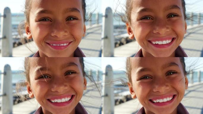 快乐，无忧无虑，在海滩上面对一个女孩，夏天旅行，在印度尼西亚的人行道上散步。年轻的微笑，青春和度假期