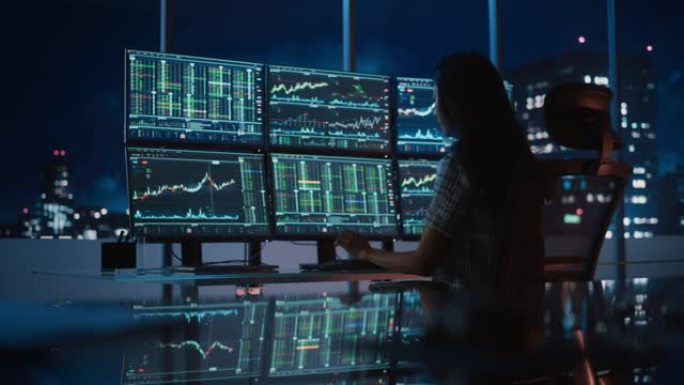 金融分析师在一台带有多显示器工作站的计算机上工作，该工作站具有实时股票，商品和交易所市场图表。女商人