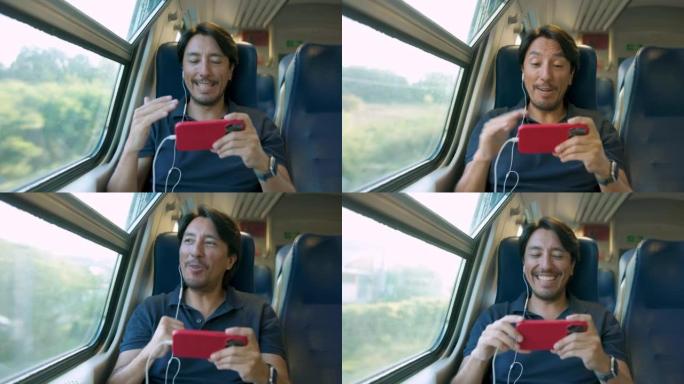 快乐的人坐在火车上，用耳机在智能手机上看足球比赛