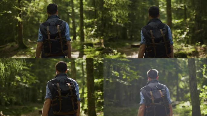背着背包走在森林里的男人