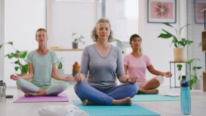 在禅宗瑜伽课上冥想莲花姿势的成熟女性。各种各样的瑜伽士坐在垫子上，双腿交叉，找到内在的心理平衡与和平